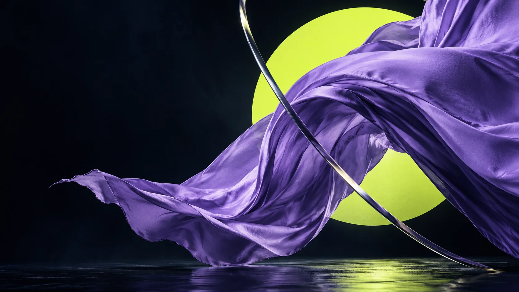 A monumental sweep of lilac fabric, chrome and chartreuse against deep ink